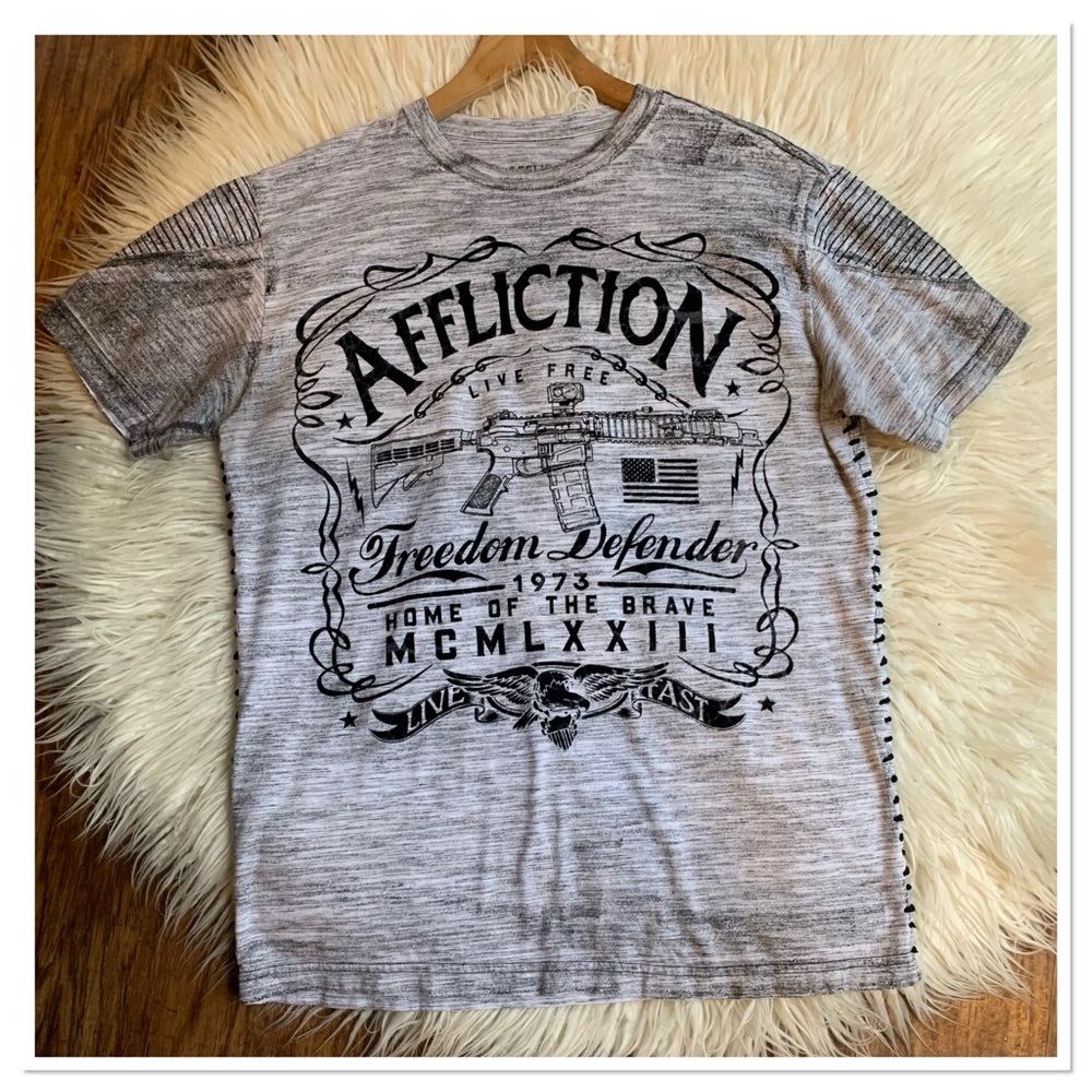 Affliction Freedom Defender Graphic Tee Shirt Short Sleeve Gray Black Size M